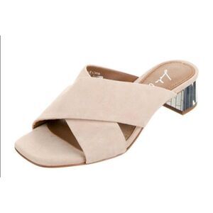 Lola Cruz Beige Nude Suede Cross Over Low Block Heel Sandals Slides 7